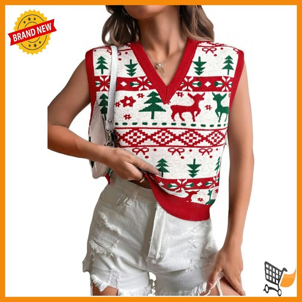 Women's Christmas Sweater Vest V-Neck Sleeveless Cotton Blend Casual Tops